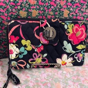 Vera Bradley Turn-Lock Wallet Ribbons Black Floral Quilted Zip Wallet Thick EUC
